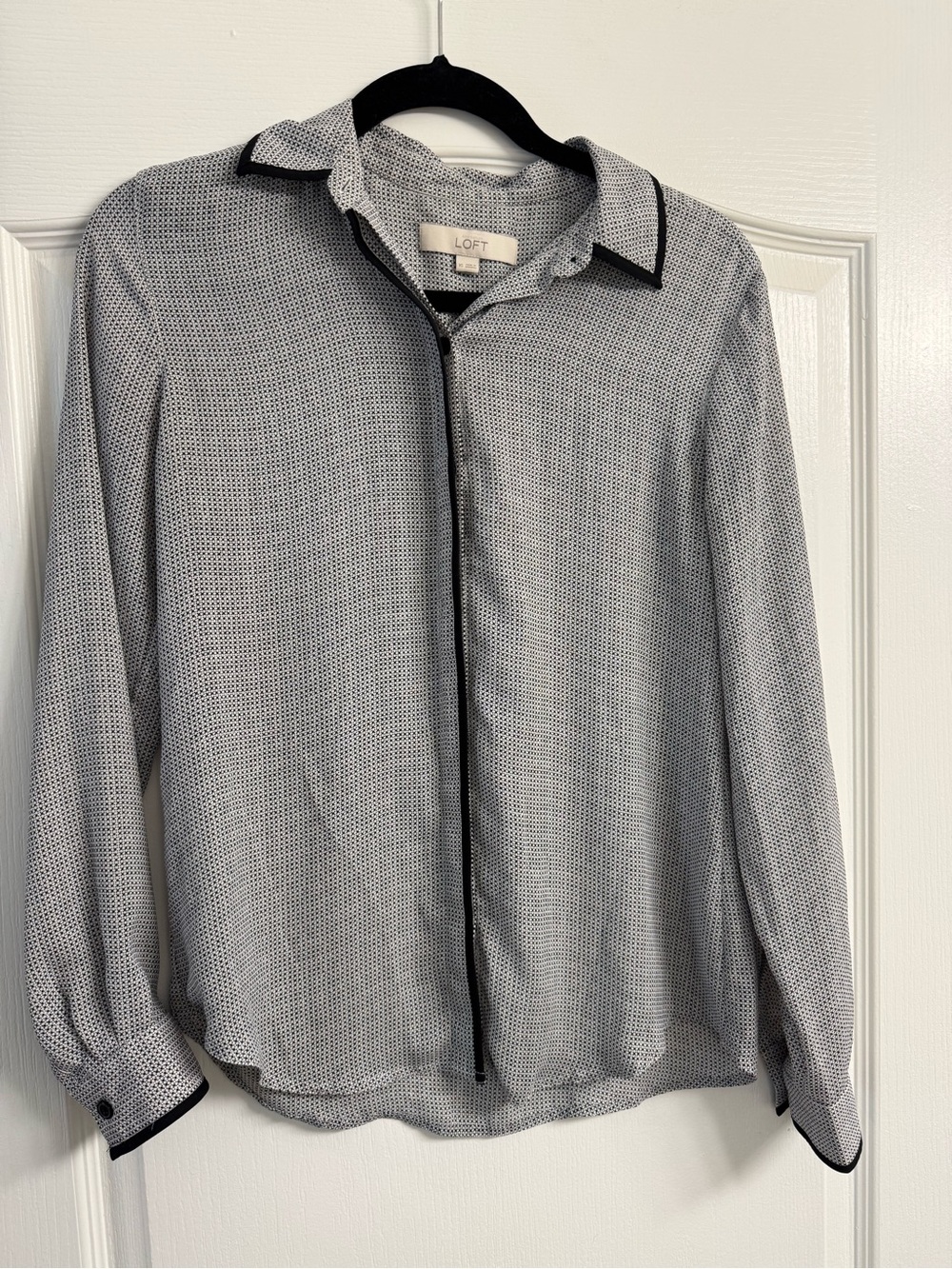 LOFT White and Black Microdot Long Sleeve Blouse